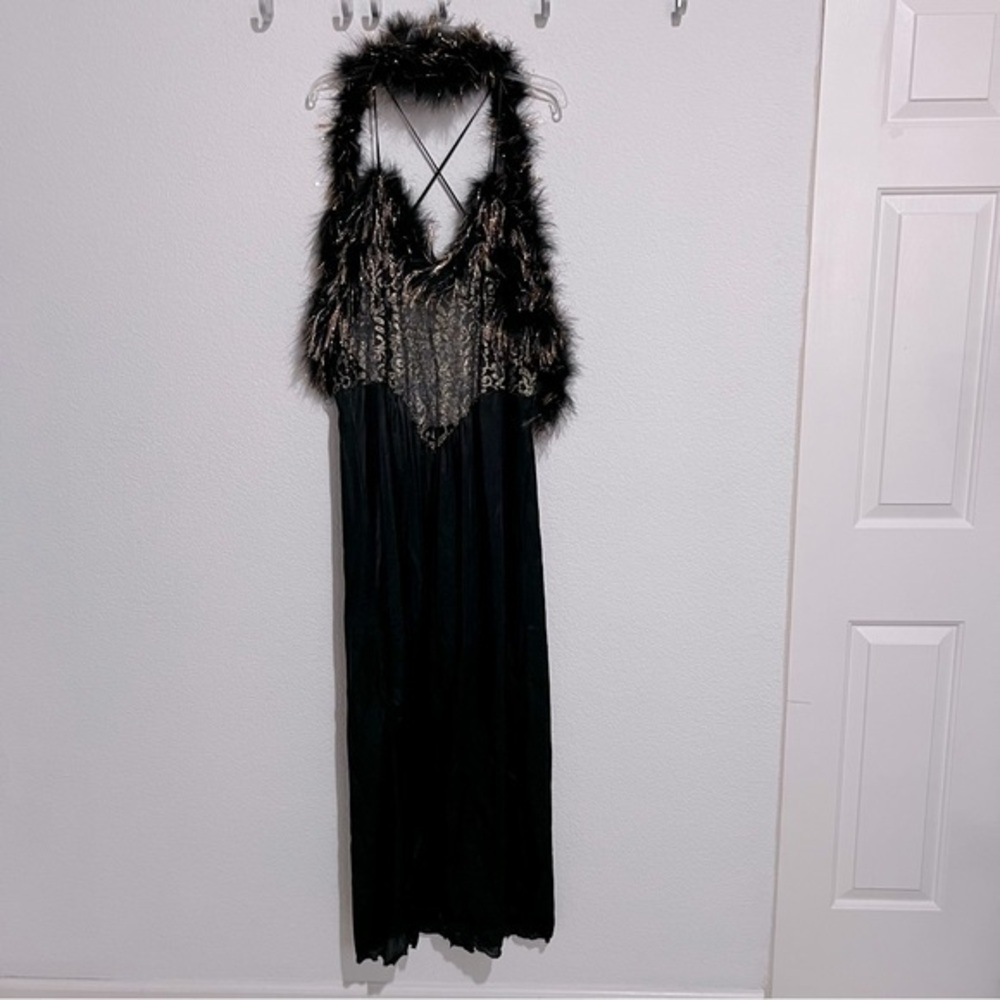 Vintage Especially Yours Black & Shimmery Gold Sateen Lace & Boa Negligee XL